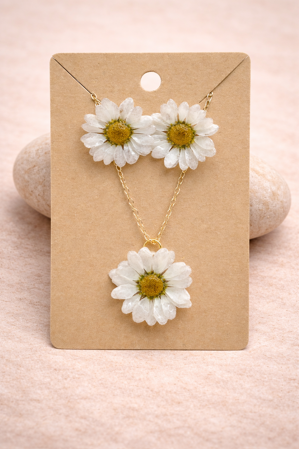Real white daisy resin pendant necklace with gold-plated chain, handmade by Held Forever Studio in Lancashire UK