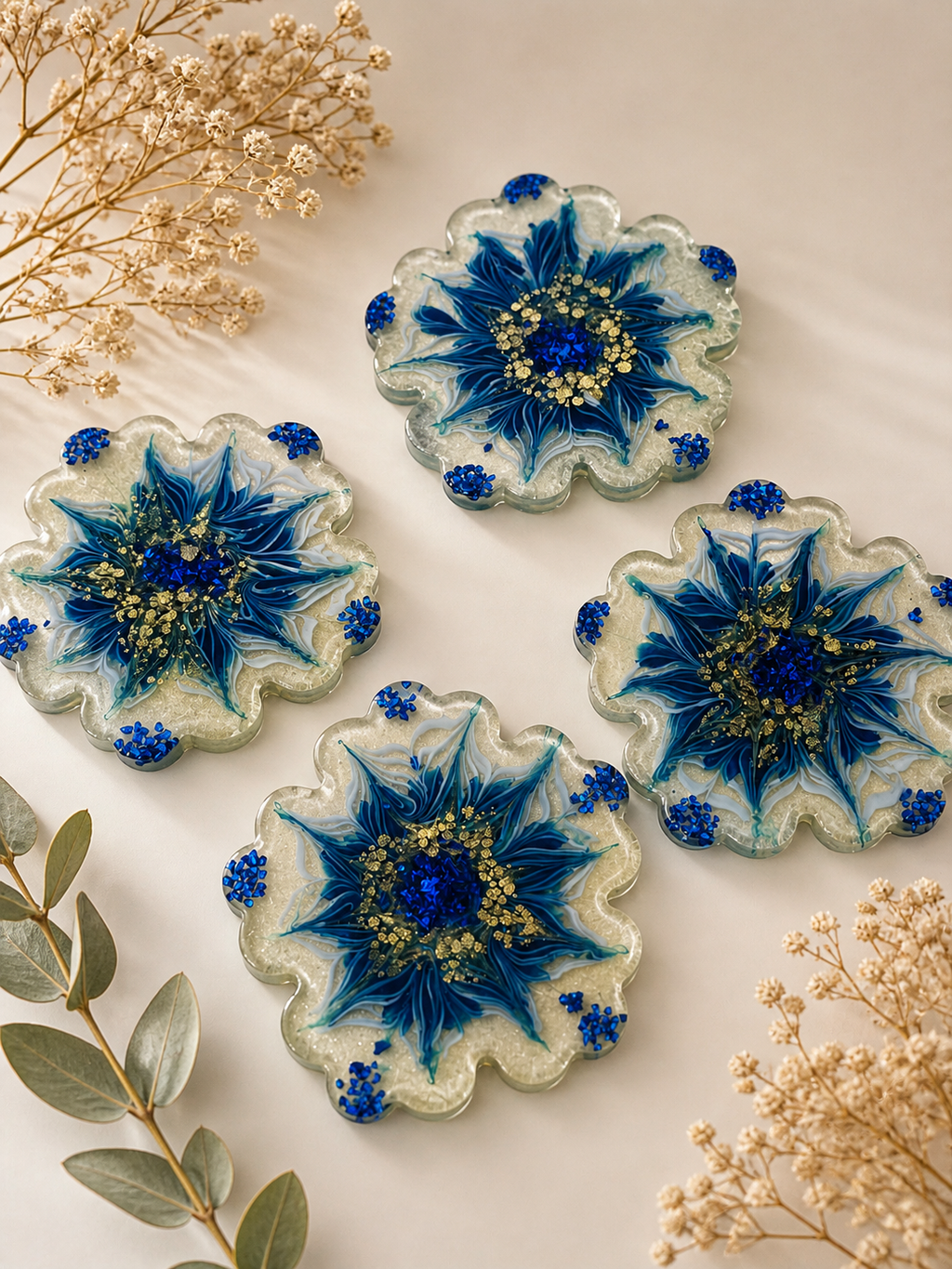 Cobalt blue resin kitchen set — 30cm flower bowl and set of 4 scallop coasters in cobalt blue, teal and gold | Held Forever Studio