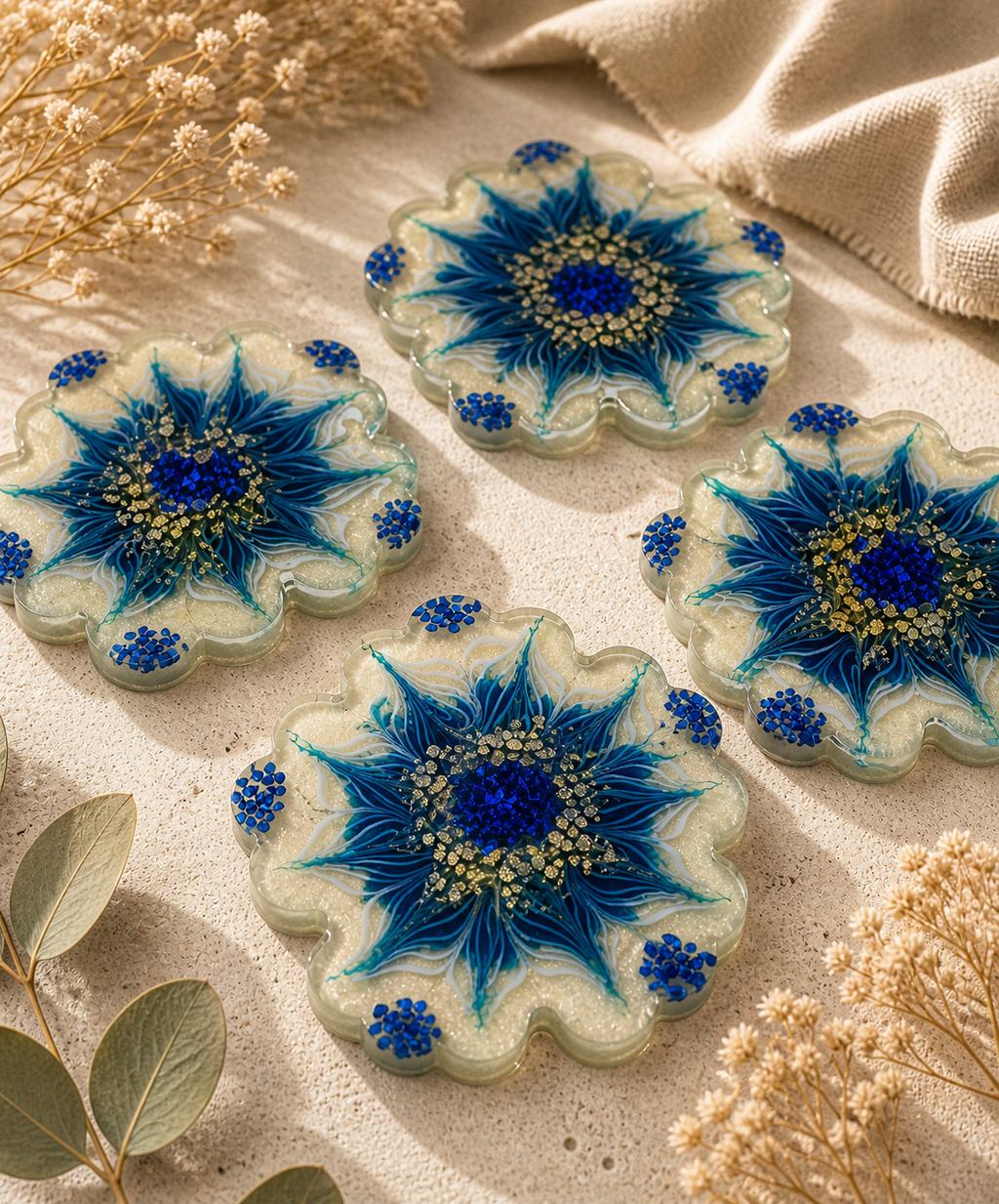 Set of 4 scallop resin coasters in cobalt blue and teal with gold leaf and blue crystal clusters | Held Forever Studio