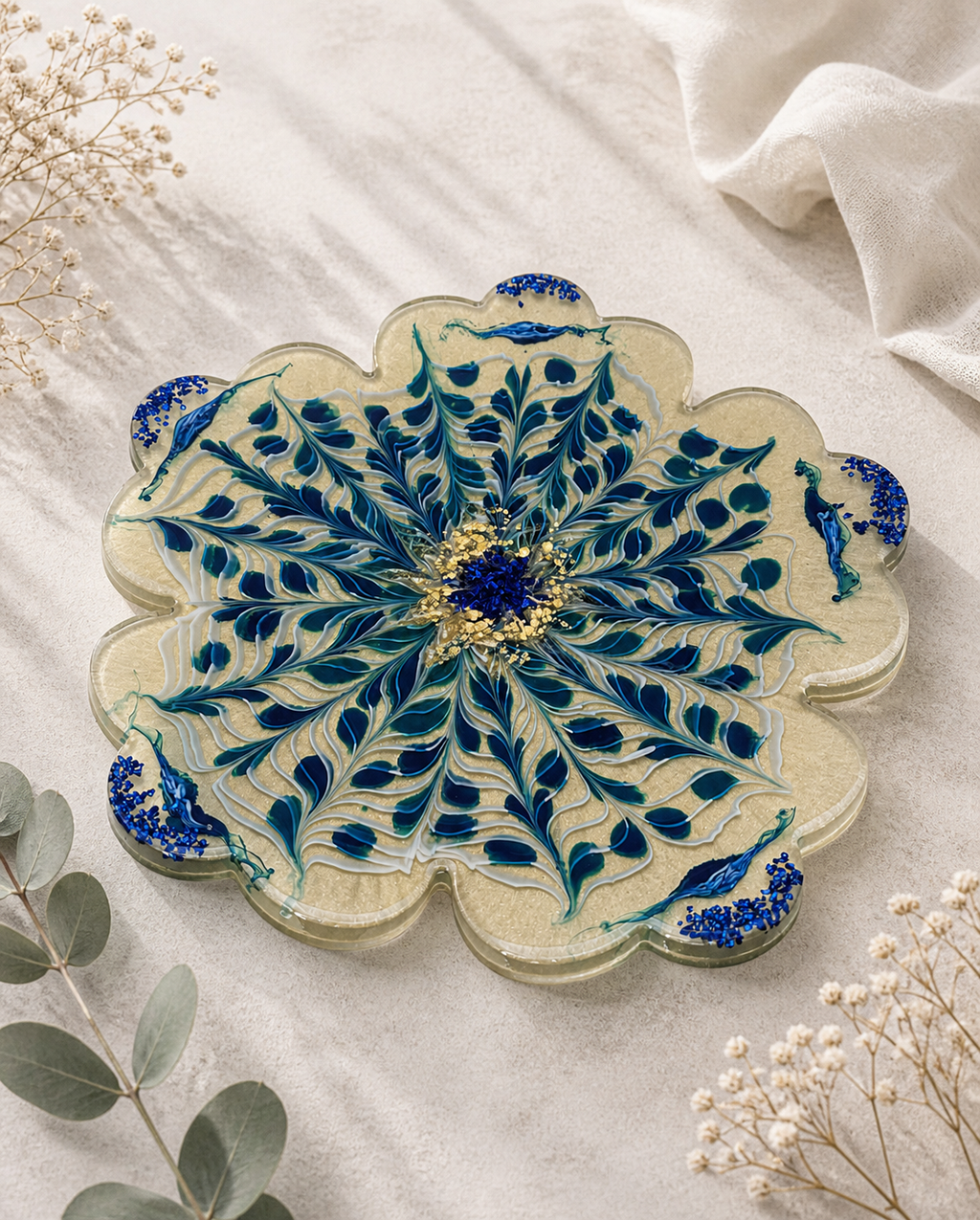 Cobalt blue and teal resin flower bowl (30cm) with gold leaf accents and pearl shimmer — handmade in Lancashire UK