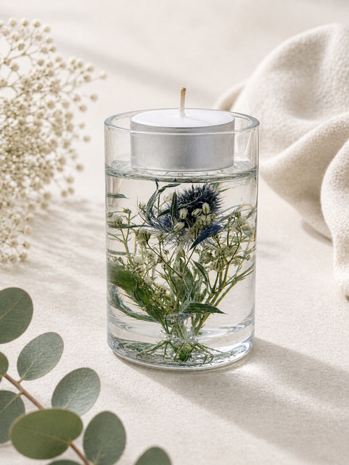 Set of 3 graduated clear resin tealight holders with real dried botanicals — dandelion seeds, dandelion clock, and eryngium — handmade by Held Forever Studio