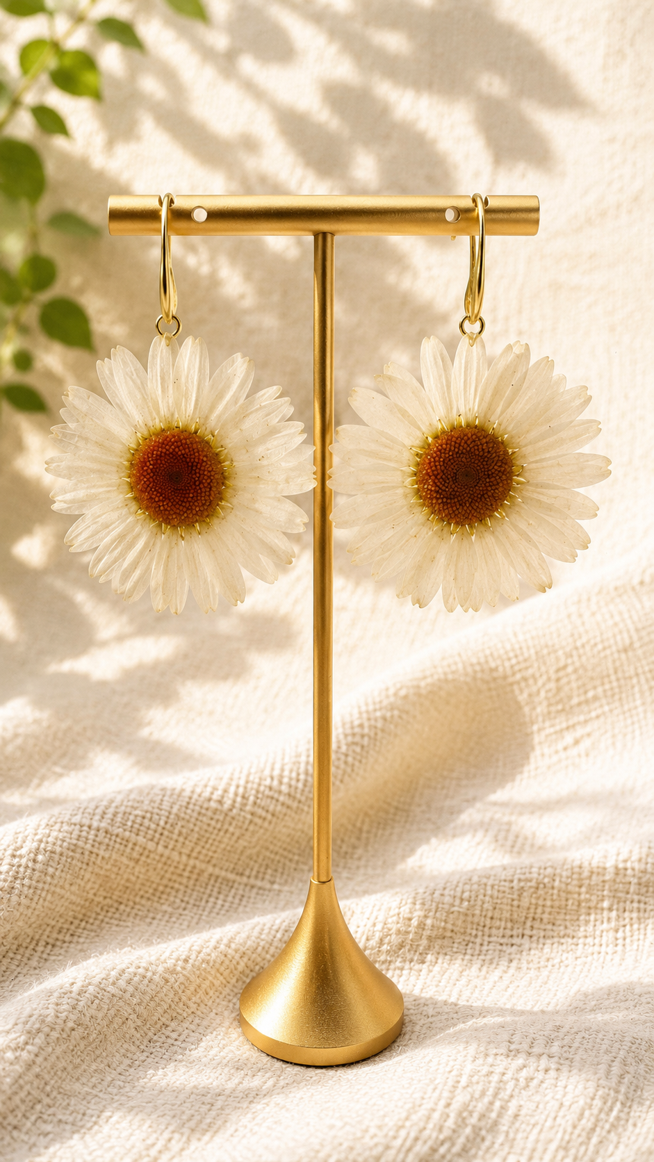 Pressed daisy resin drop earrings with 18k gold-plated wire hooks, real flower sealed in clear resin