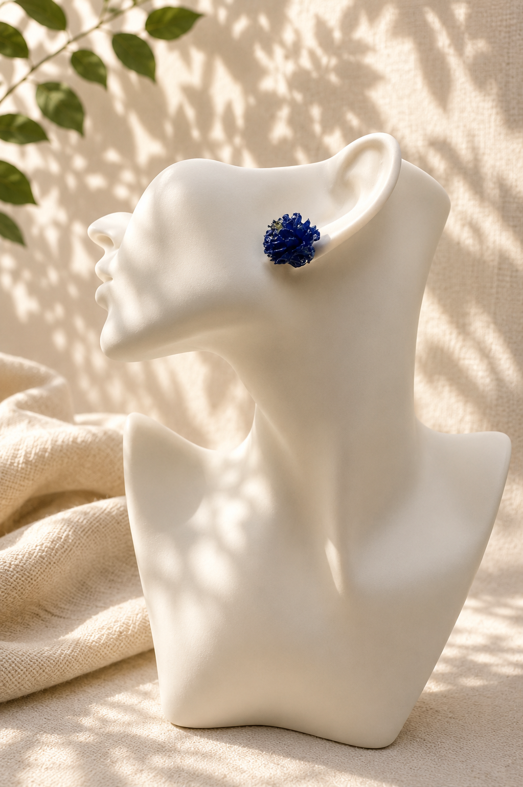 Pair of blue silica-dried flower cluster stud earrings, 24k gold-plated, handmade in Lancashire UK