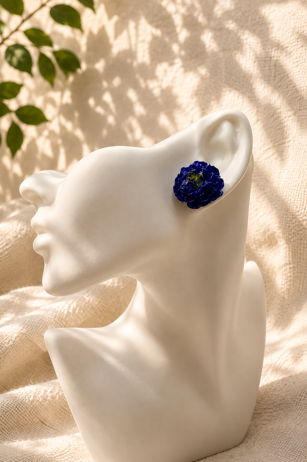 Blue silica-dried flower cluster stud earring worn, 24k gold-plated finish, handmade by Held Forever Studio