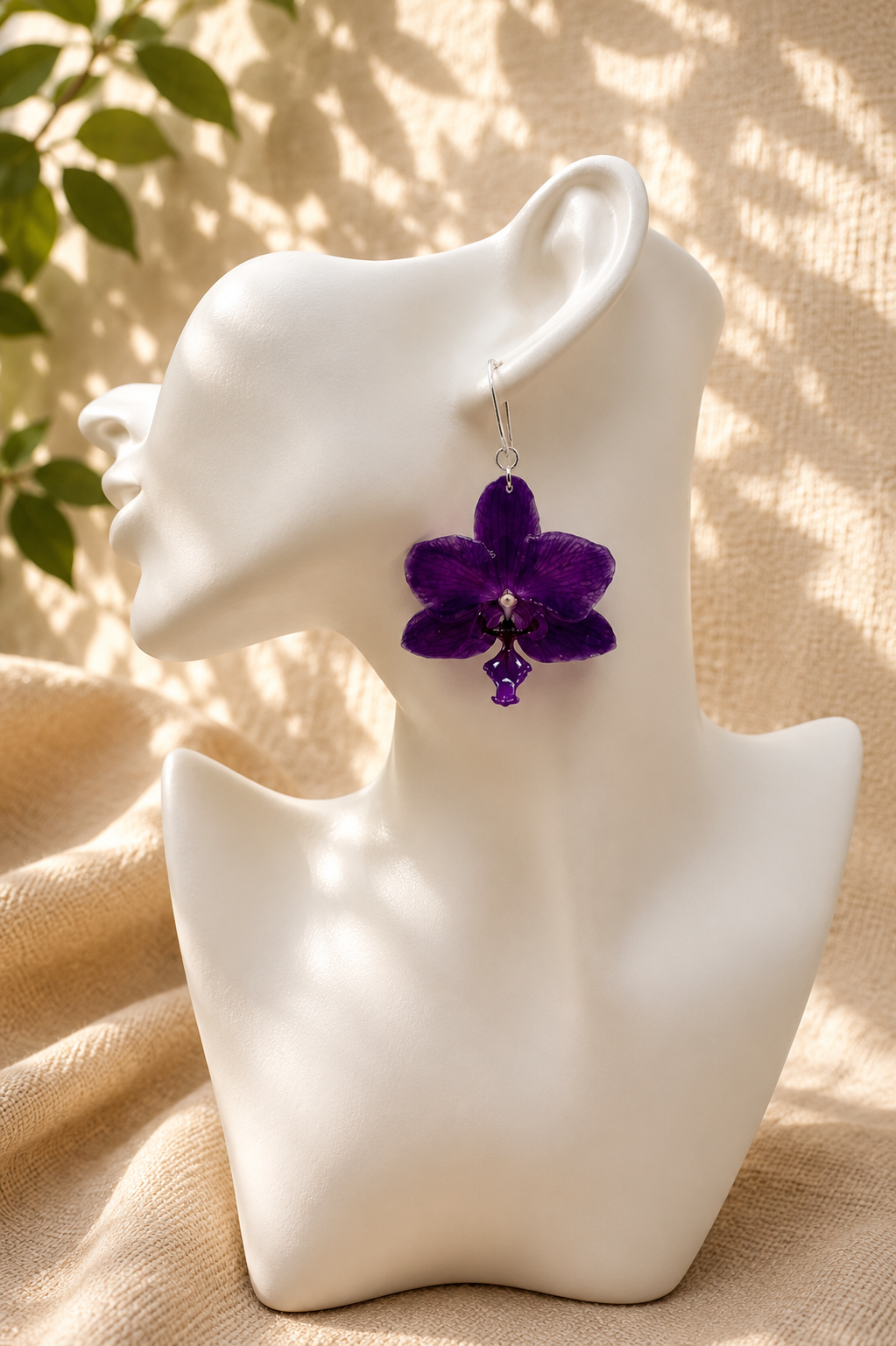 Pair of real orchid resin drop earrings, deep purple, 925 sterling silver, handmade in Lancashire UK