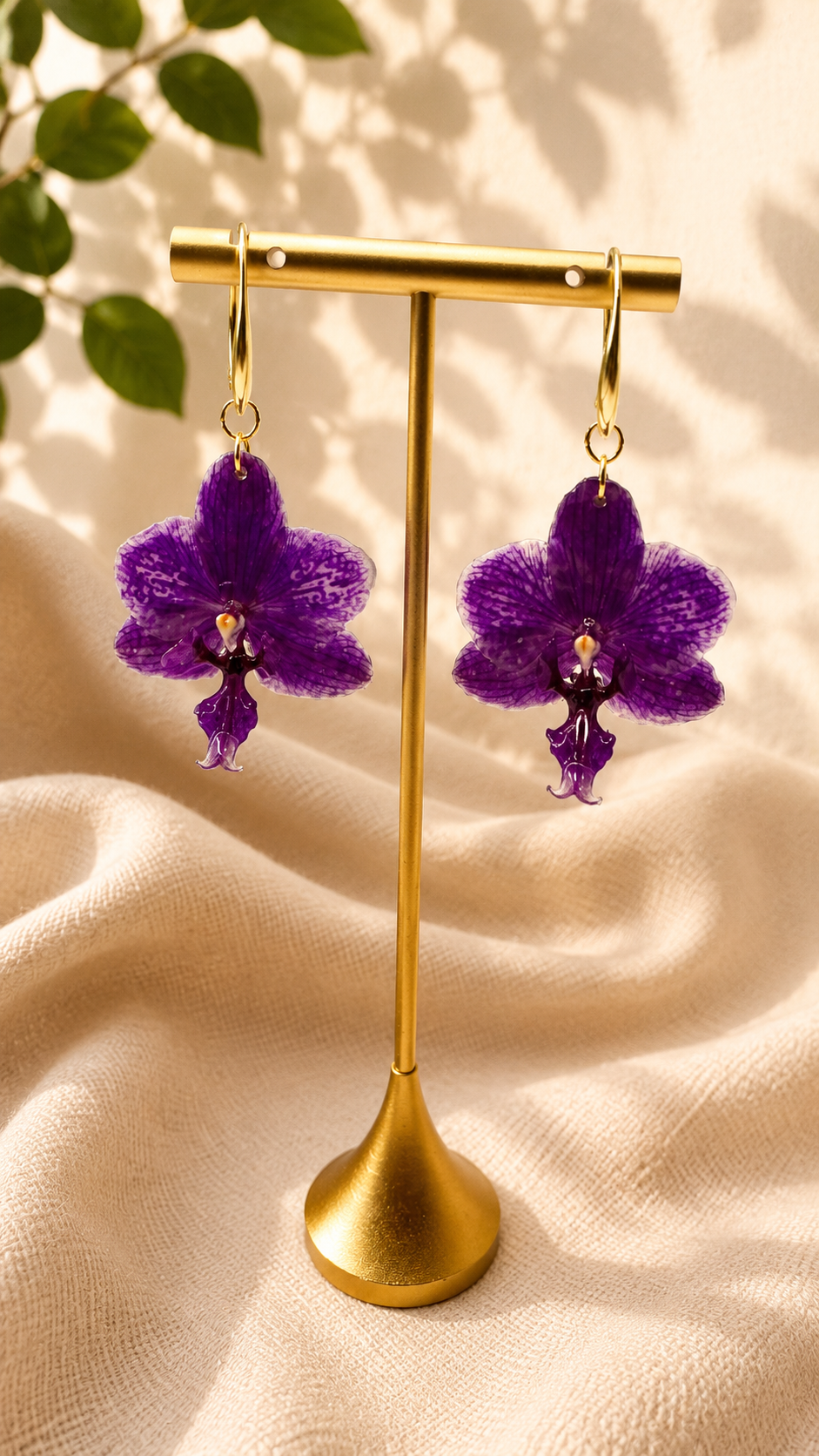 Real Orchid Resin Drop Earrings | 18K Gold Plated | UK
