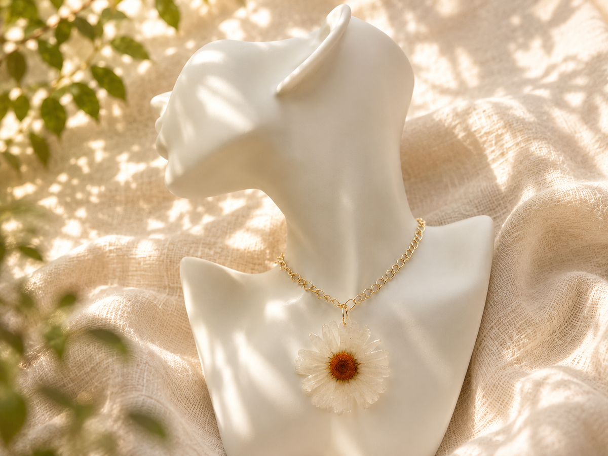 White daisy resin pendant necklace with real dried bloom on gold-plated chain, handmade by Held Forever Studio in Lancashire UK
