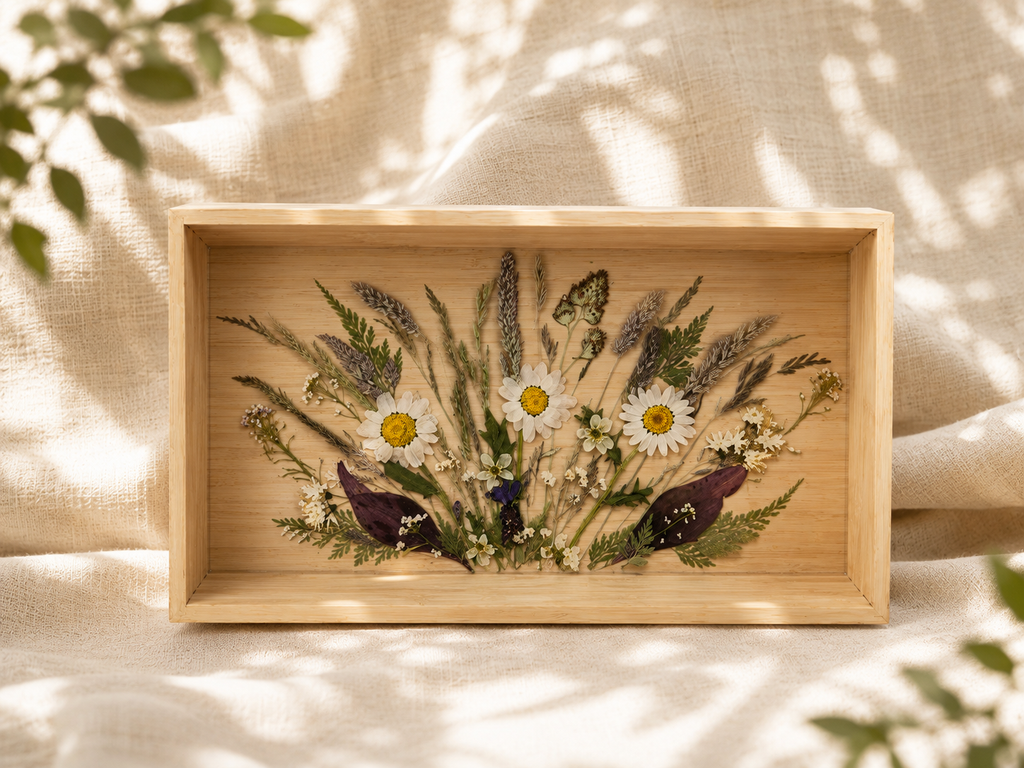 Close up of the pressed daisies and wildflowers set in resin in the bamboo tray, handmade in Lancashire UK