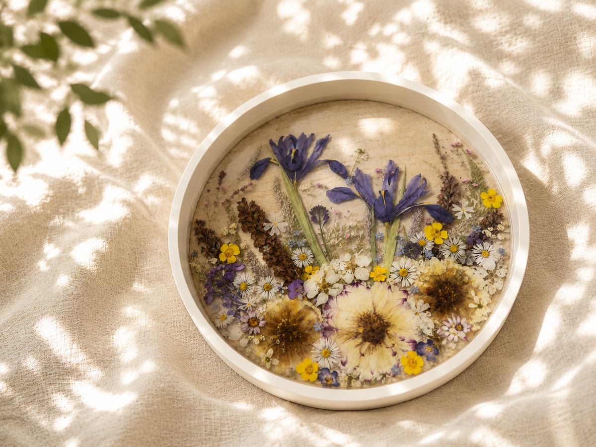 Round pressed wildflower resin tray with iris, daisies, and buttercups, handmade by Held Forever Studio