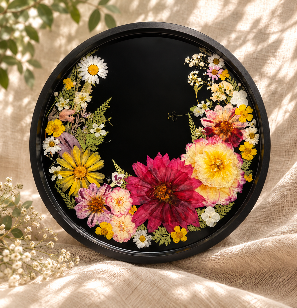 Black pressed wildflower resin tray with dahlias, daisies, and buttercups, handmade by Held Forever Studio
