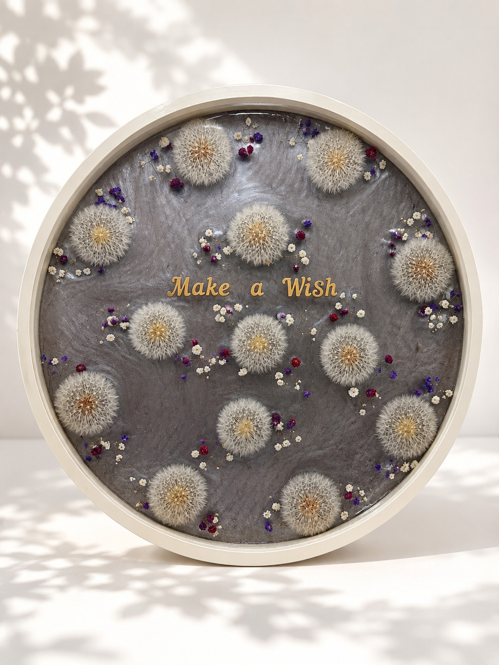 Round "Make a Wish" dandelion resin tray with gold lettering, handmade by Held Forever Studio