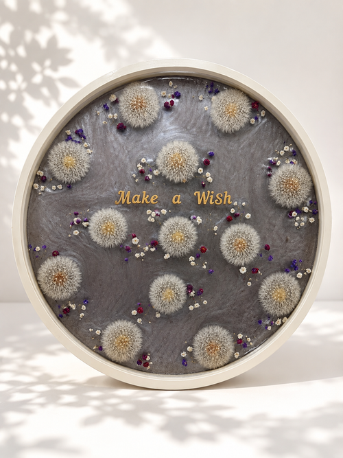 Round "Make a Wish" dandelion resin tray with gold lettering, handmade by Held Forever Studio