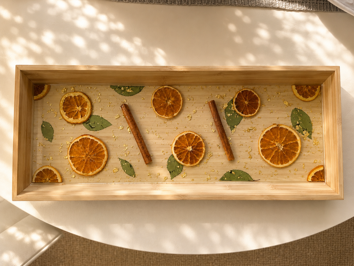 Top view of the long bamboo-framed citrus resin tray, handmade in Lancashire UK
