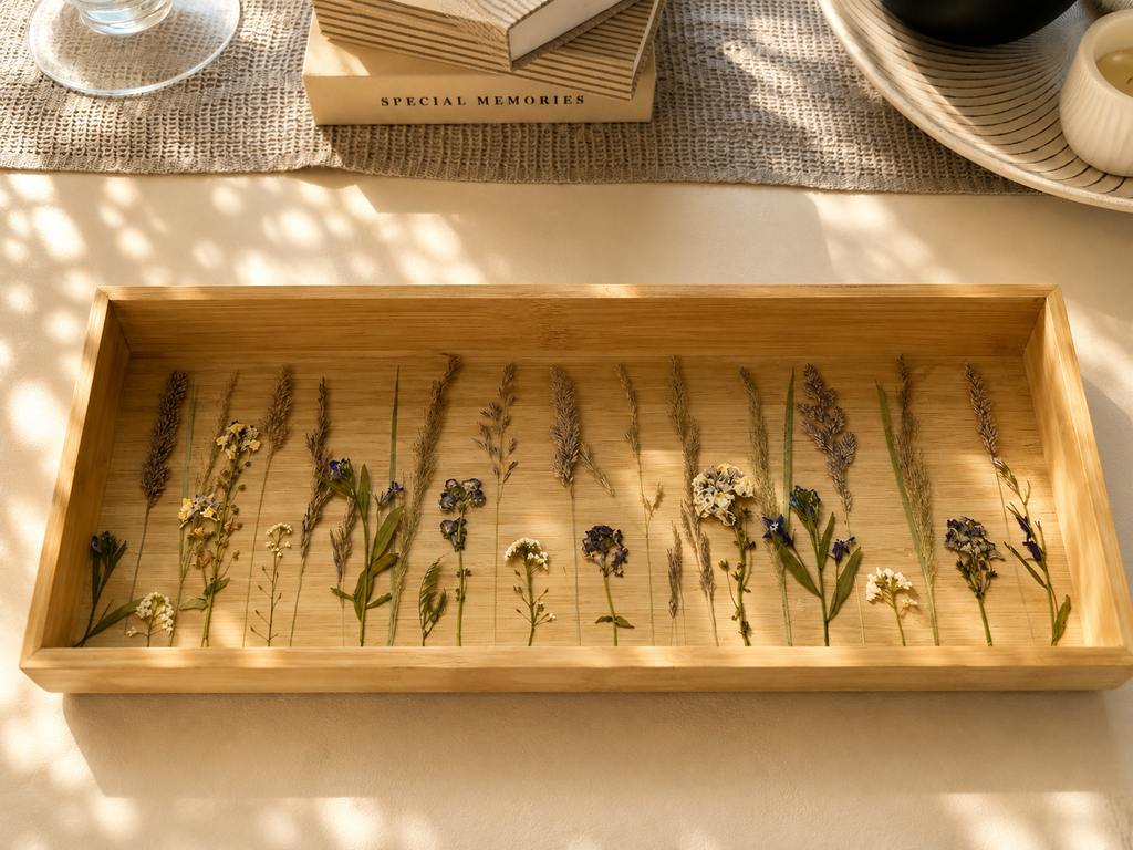 Long pressed wildflower resin tray in a bamboo frame with real grasses and blooms, handmade by Held Forever Studio