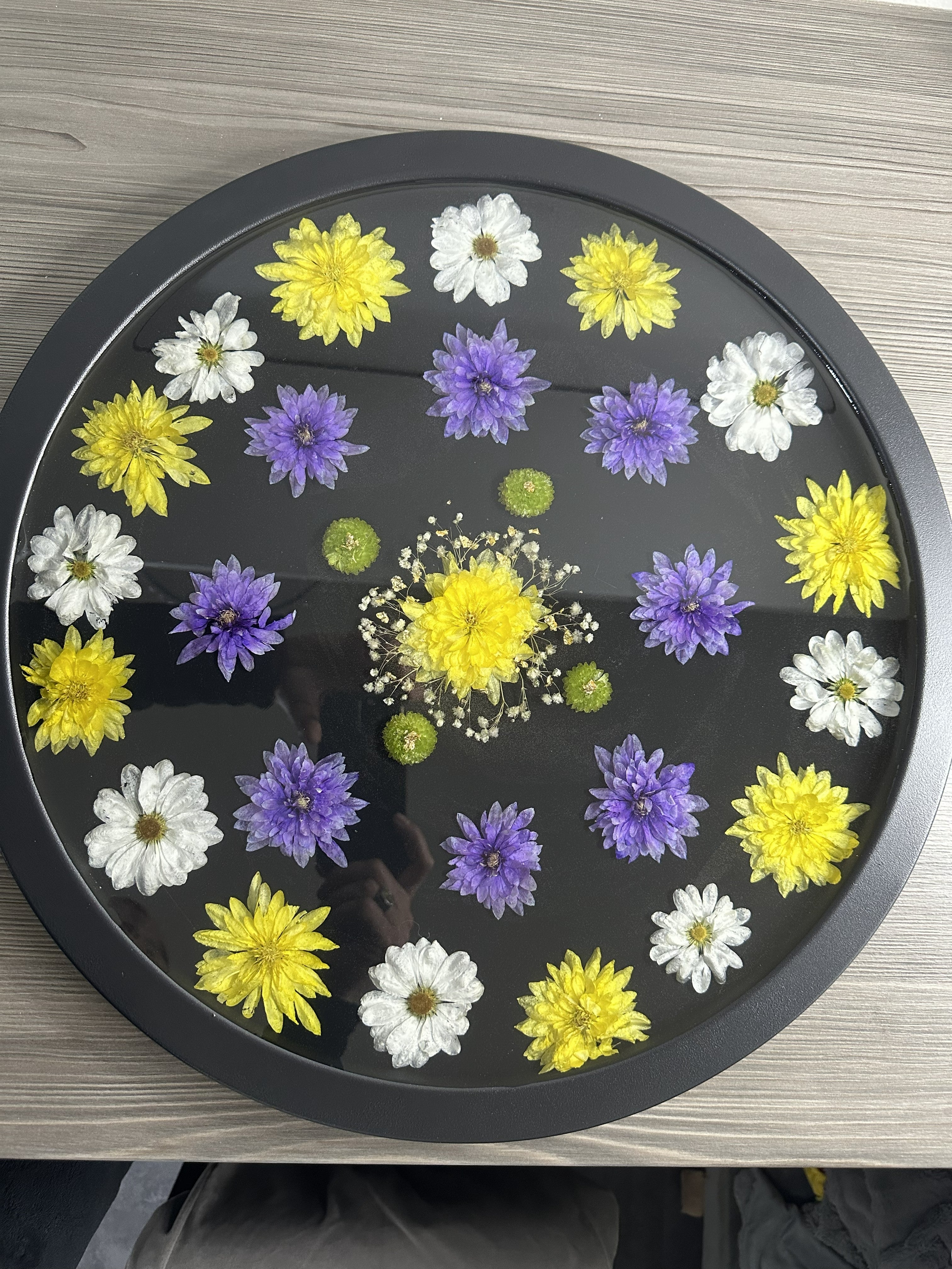 Top view of large pressed flower resin tray table 47cm, handmade in Lancashire UK