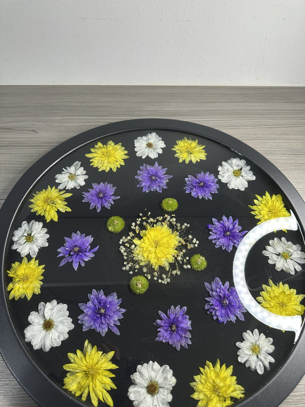 Pressed flower resin tray table displayed as home décor, handmade in the UK