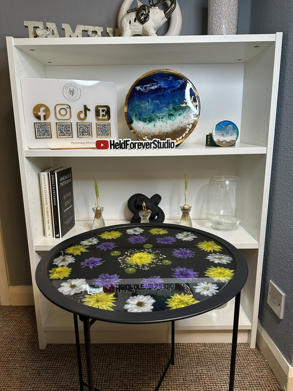 47cm pressed flower resin tray table with real botanicals, handmade by Held Forever Studio